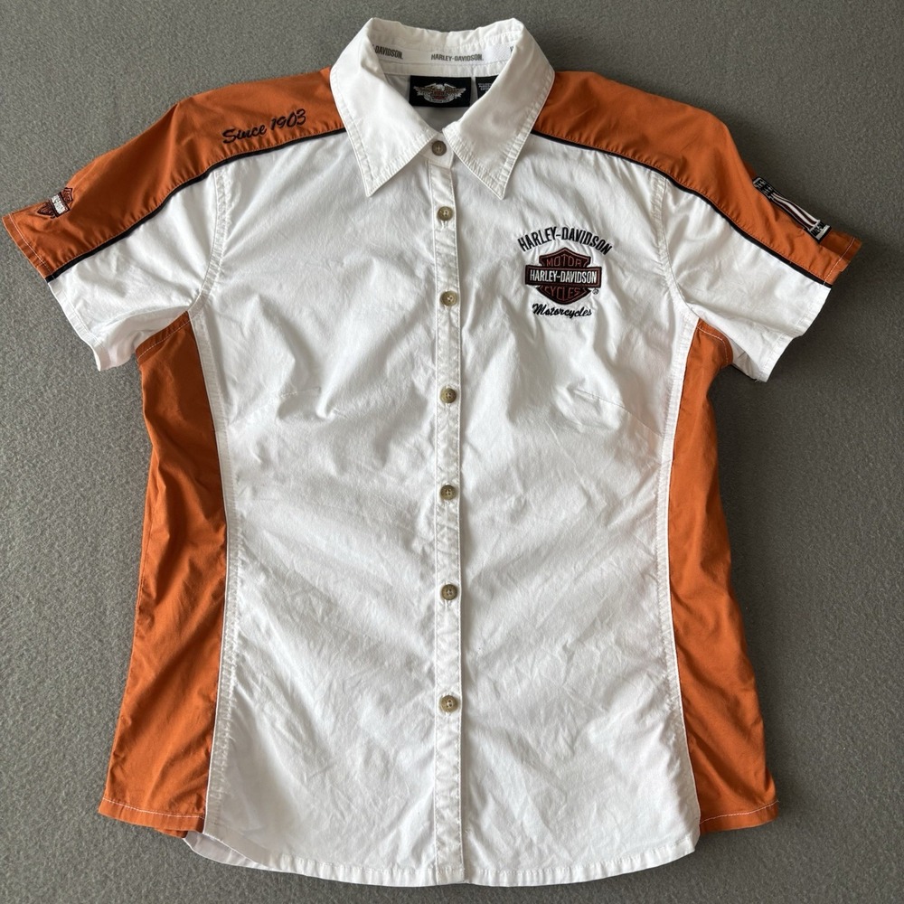 HARLEY DAVIDSON #1 Women's Garage/Mechanic S/S Shirt EMBROIDERED Size M EUC Y2K